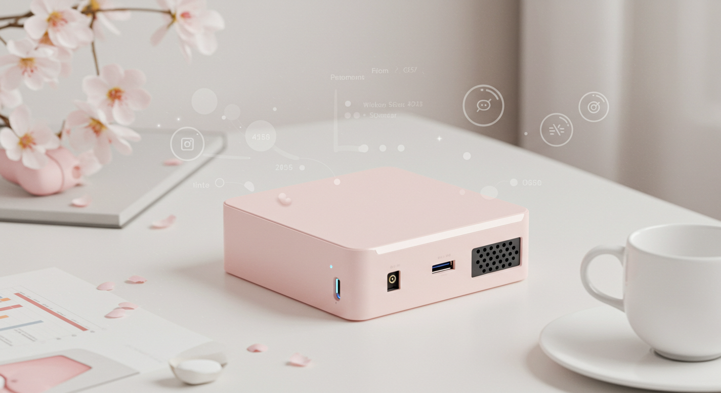桜色をアクセントにしたミニPCのサムネイル画像。グラフが優しく散りばめられた、整った作業デスクの上に小型PCが置かれている。